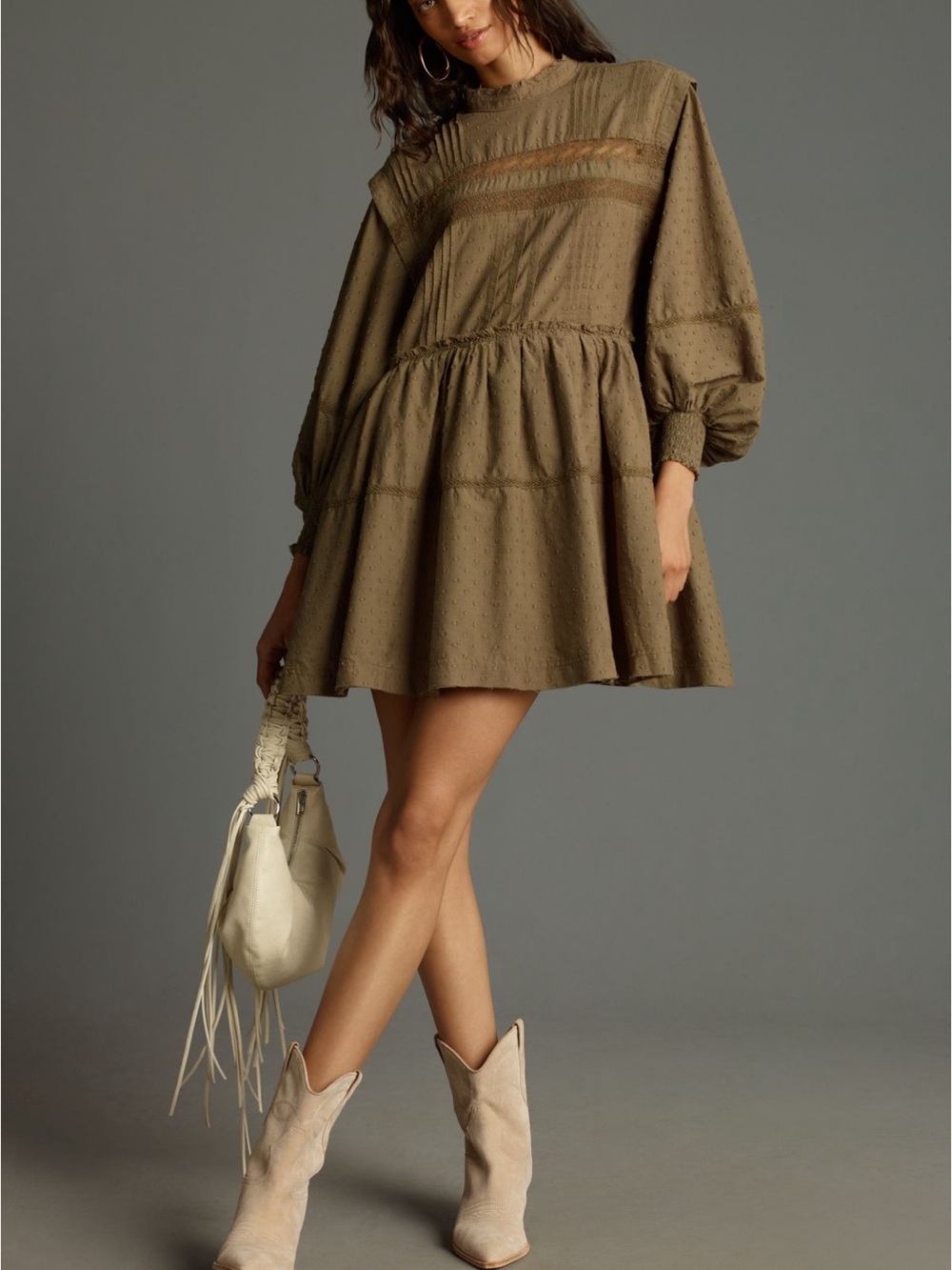 Anthropologie Olive Mini Dress with Puff Sleeves